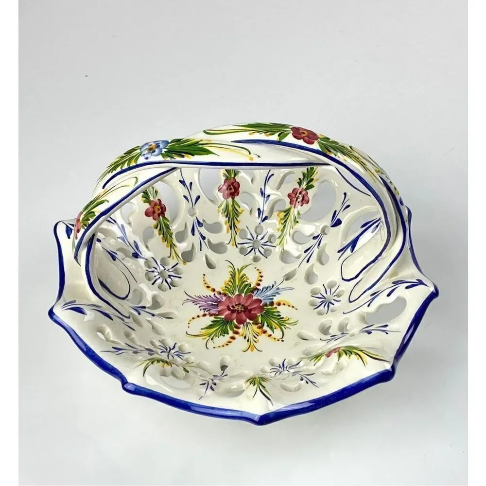 Vtg RCCL Ceramic Hand Painted Floral Blue Fruit Basket w Braided Handle Portugal